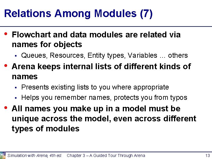 Relations Among Modules (7) • Flowchart and data modules are related via names for