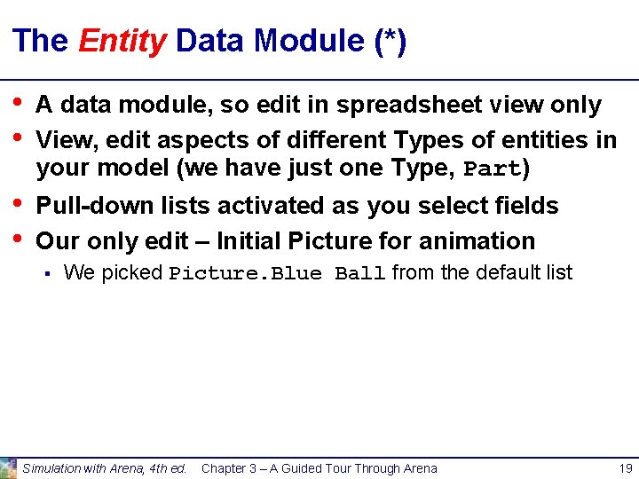 The Entity Data Module (*) • • A data module, so edit in spreadsheet