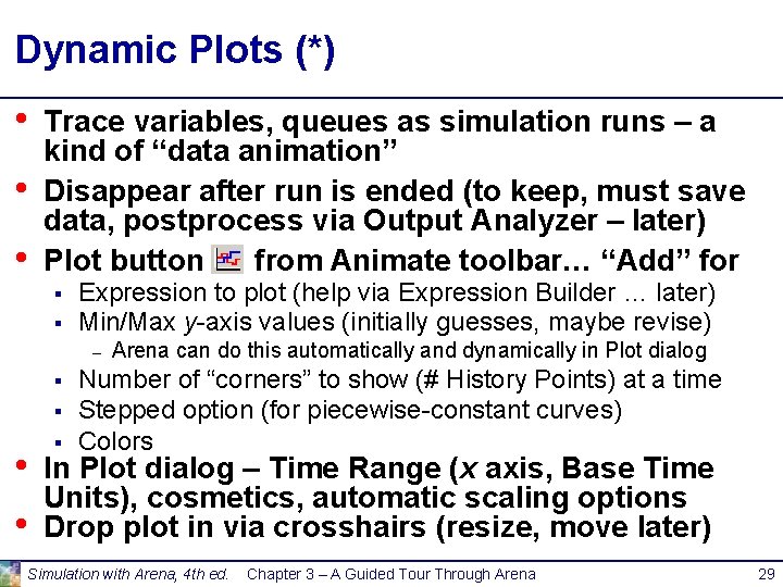 Dynamic Plots (*) • • • Trace variables, queues as simulation runs – a