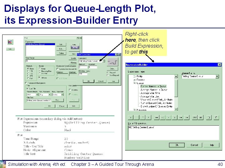 Displays for Queue-Length Plot, its Expression-Builder Entry Right-click here, then click Build Expression, to