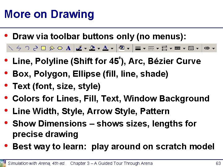More on Drawing • • Draw via toolbar buttons only (no menus): 0 Line,