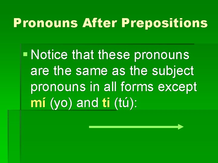 Pronouns After Prepositions § Notice that these pronouns are the same as the subject