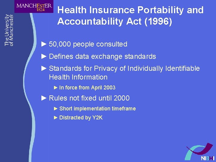 Health Insurance Portability and Accountability Act (1996) ► 50, 000 people consulted ► Defines Health Insurance Portability and Accountability Act (1996) ► 50, 000 people consulted ► Defines