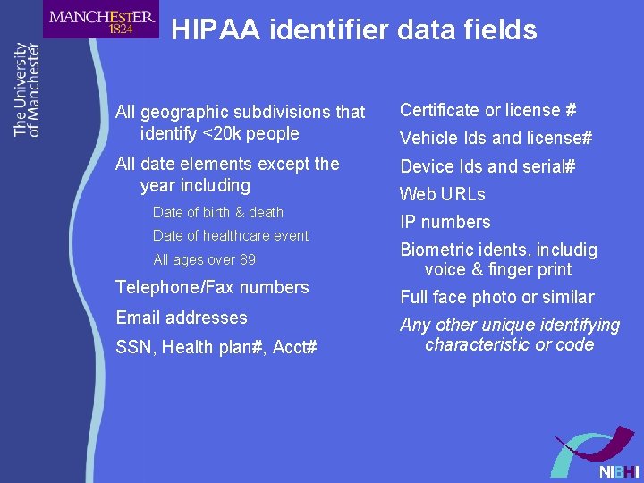 HIPAA identifier data fields All geographic subdivisions that identify <20 k people Certificate or HIPAA identifier data fields All geographic subdivisions that identify <20 k people Certificate or