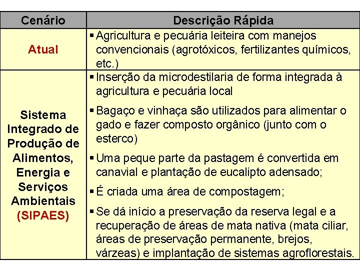 Cenário Atual Sistema Integrado de Produção de Alimentos, Energia e Serviços Ambientais (SIPAES) Descrição