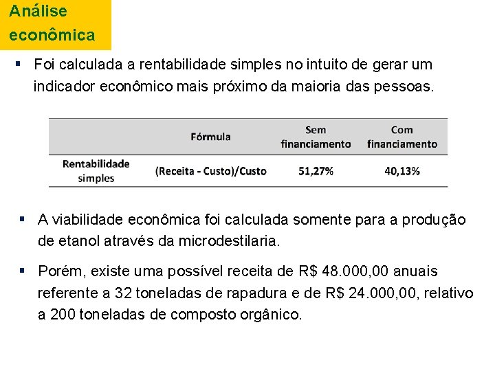 Análise econômica Foi calculada a rentabilidade simples no intuito de gerar um indicador econômico