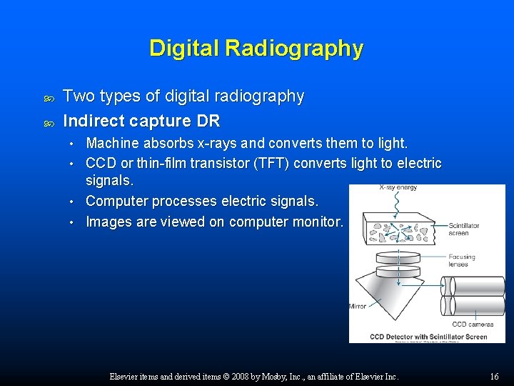 Digital Radiography Two types of digital radiography Indirect capture DR • • Machine absorbs