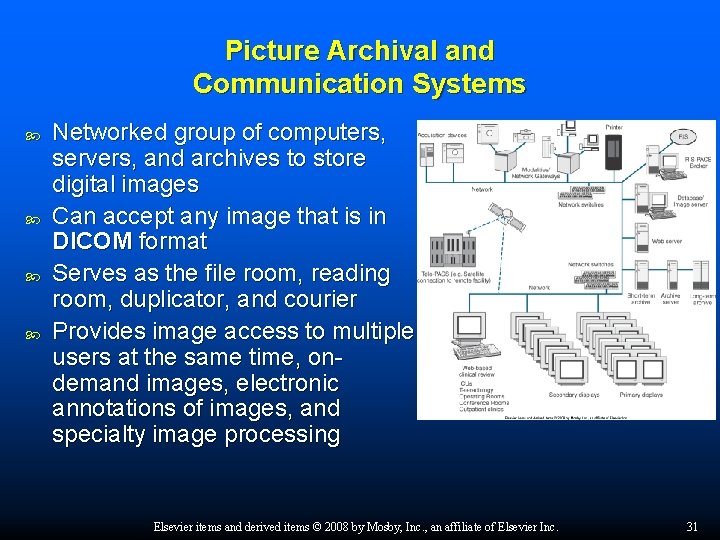 Picture Archival and Communication Systems Networked group of computers, servers, and archives to store