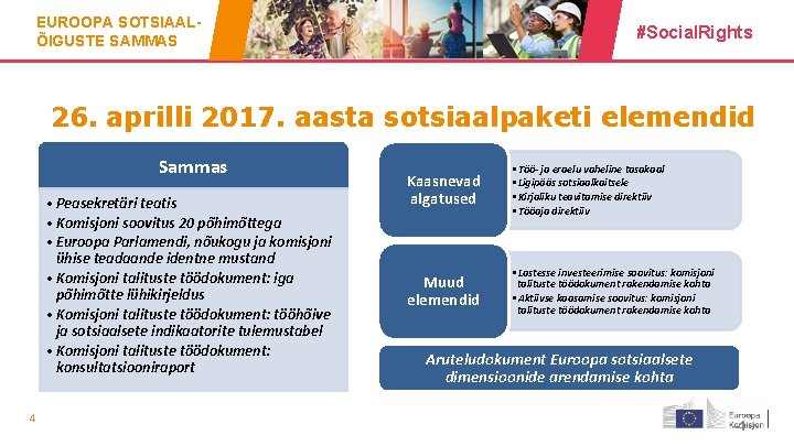 EUROOPA SOTSIAALÕIGUSTE SAMMAS #Social. Rights 26. aprilli 2017. aasta sotsiaalpaketi elemendid Sammas • Peasekretäri