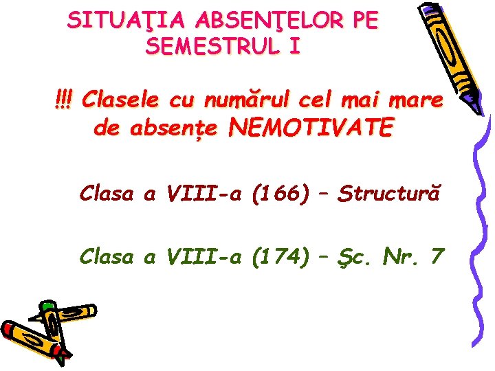 SITUAŢIA ABSENŢELOR PE SEMESTRUL I !!! Clasele cu numărul cel mai mare de absenţe