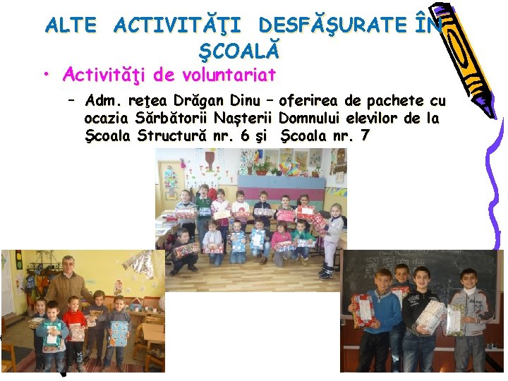ALTE ACTIVITĂŢI DESFĂŞURATE ÎN ŞCOALĂ • Activităţi de voluntariat – Adm. reţea Drăgan Dinu