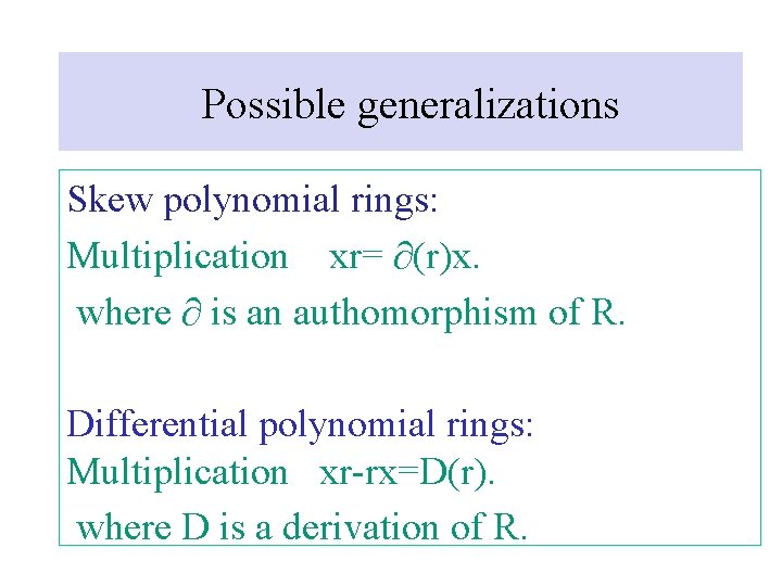 Possible generalizations Skew polynomial rings: Multiplication xr= ∂(r)x. where ∂ is an authomorphism of