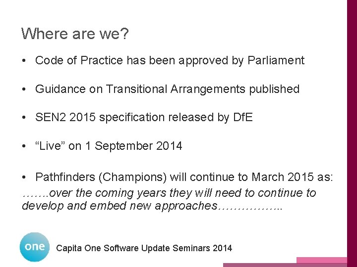 Where are we? • Code of Practice has been approved by Parliament • Guidance Where are we? • Code of Practice has been approved by Parliament • Guidance