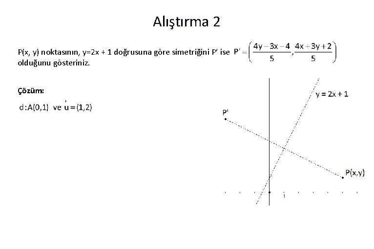 Alıştırma 2 P(x, y) noktasının, y=2 x + 1 doğrusuna göre simetriğini P’ ise