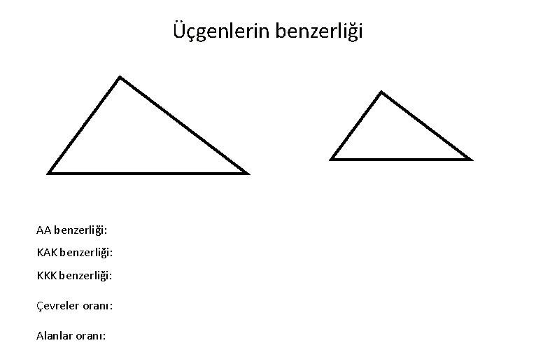 Üçgenlerin benzerliği AA benzerliği: KAK benzerliği: KKK benzerliği: Çevreler oranı: Alanlar oranı: 