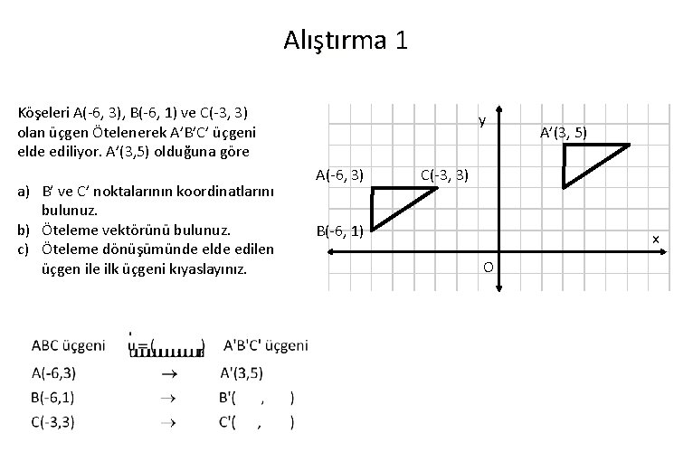 Alıştırma 1 Köşeleri A(-6, 3), B(-6, 1) ve C(-3, 3) olan üçgen Ötelenerek A’B’C’