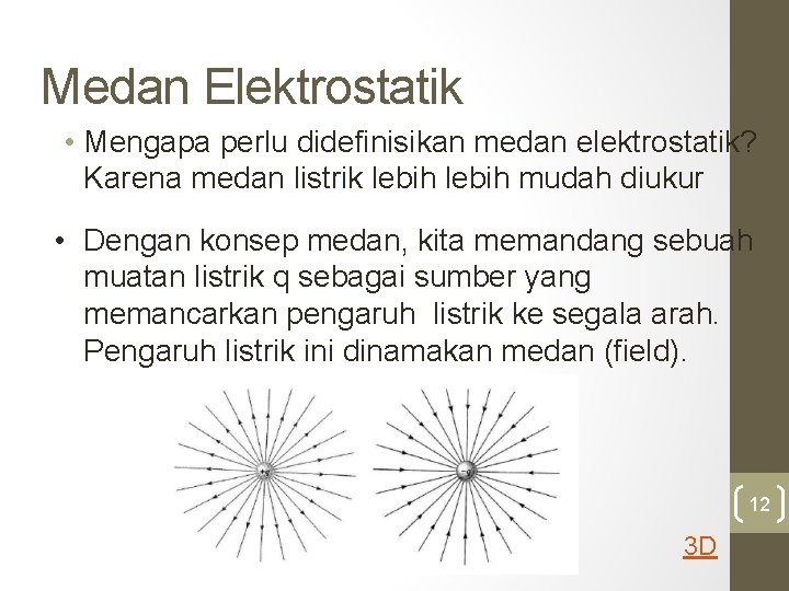 Medan Elektrostatik • Mengapa perlu didefinisikan medan elektrostatik? Karena medan listrik lebih mudah diukur