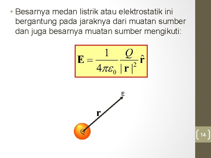  • Besarnya medan listrik atau elektrostatik ini bergantung pada jaraknya dari muatan sumber