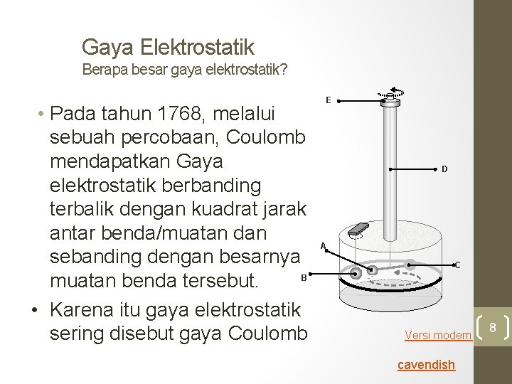 Gaya Elektrostatik Berapa besar gaya elektrostatik? • Pada tahun 1768, melalui sebuah percobaan, Coulomb