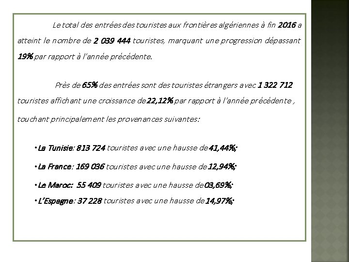 Le total des entrées des touristes aux frontières algériennes à fin 2016 a atteint