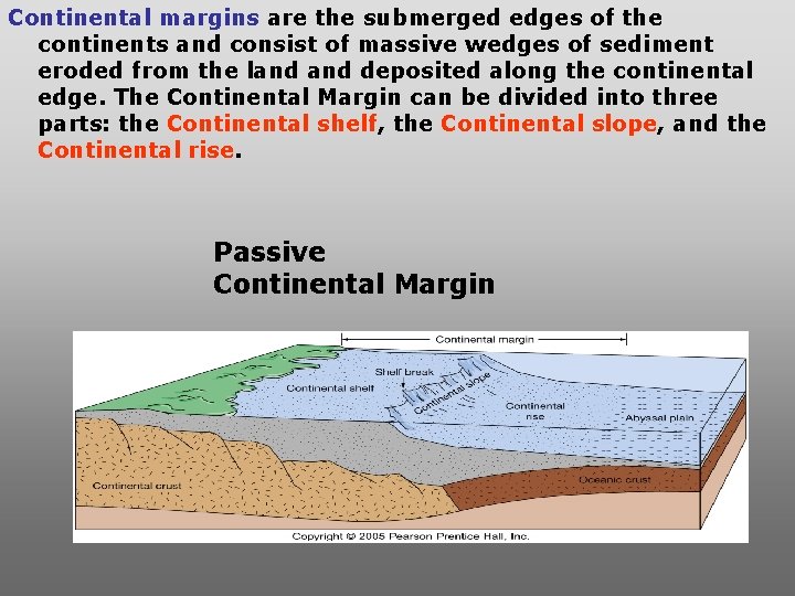 Continental margins are the submerged edges of the continents and consist of massive wedges