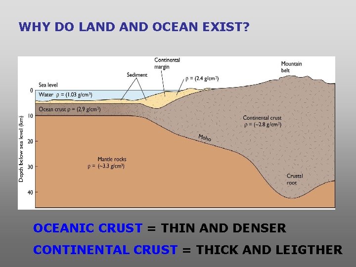 WHY DO LAND OCEAN EXIST? OCEANIC CRUST = THIN AND DENSER CONTINENTAL CRUST =