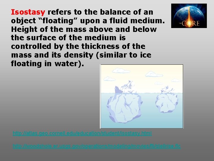 Isostasy refers to the balance of an object “floating” upon a fluid medium. Height