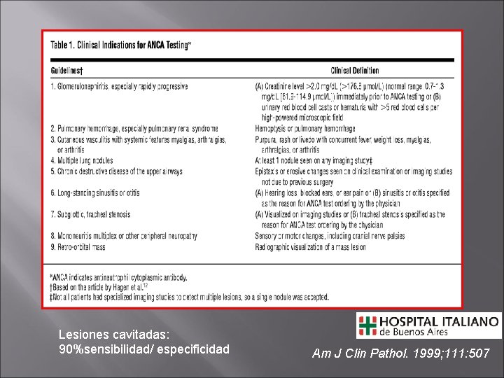 Lesiones cavitadas: 90%sensibilidad/ especificidad Am J Clin Pathol. 1999; 111: 507 