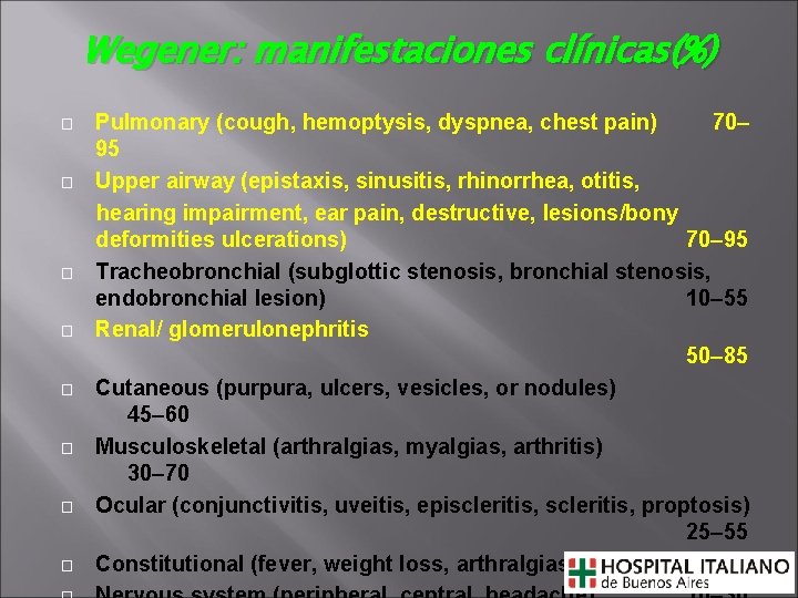 Wegener: manifestaciones clínicas(%) � � � � Pulmonary (cough, hemoptysis, dyspnea, chest pain) 70–