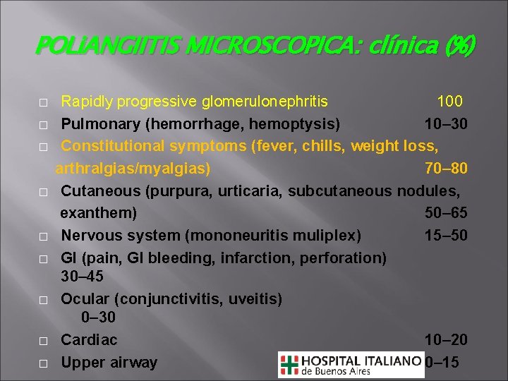 POLi. ANGIITIS MICROSCOPICA: clínica (%) � � � � � Rapidly progressive glomerulonephritis 100