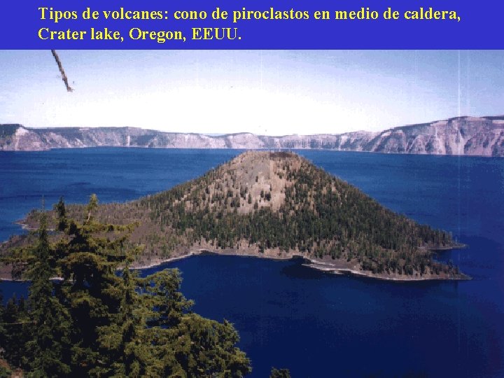 Tipos de volcanes: cono de piroclastos en medio de caldera, Crater lake, Oregon, EEUU.