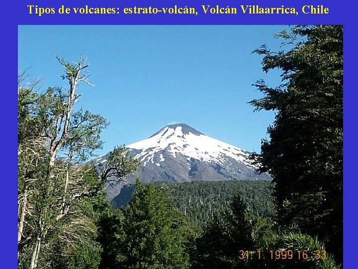 Tipos de volcanes: estrato-volcán, Volcán Villaarrica, Chile 