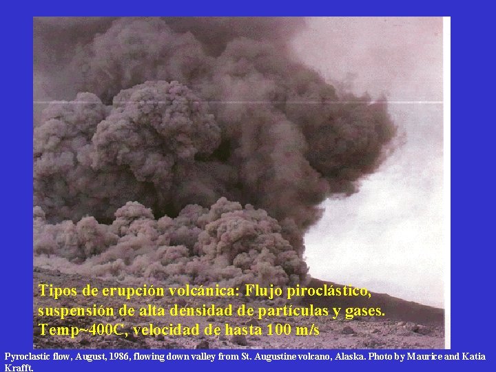 Tipos de erupción volcánica: Flujo piroclástico, suspensión de alta densidad de partículas y gases.