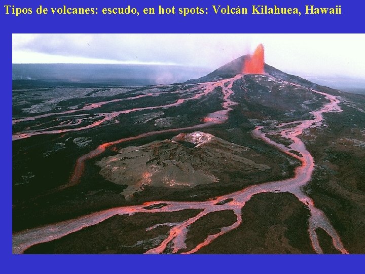 Tipos de volcanes: escudo, en hot spots: Volcán Kilahuea, Hawaii 