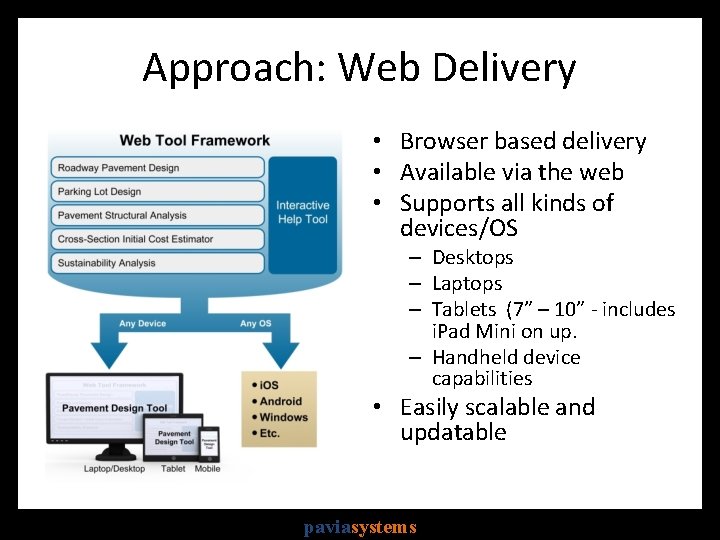 Approach: Web Delivery • Browser based delivery • Available via the web • Supports