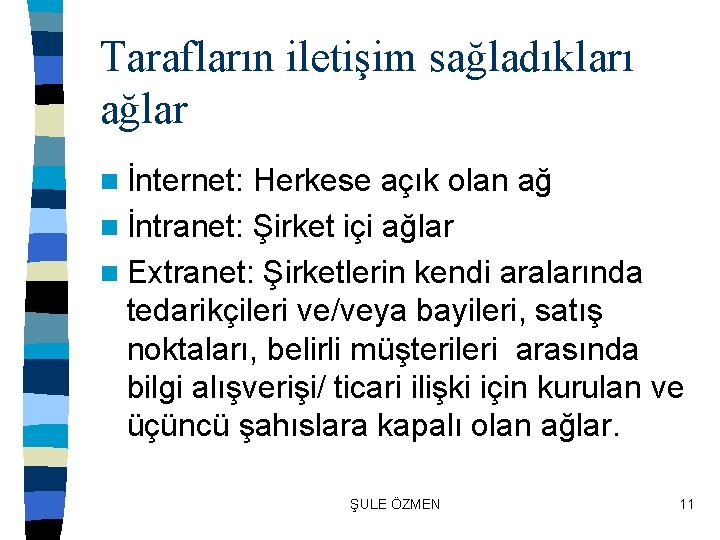 Tarafların iletişim sağladıkları ağlar n İnternet: Herkese açık olan ağ n İntranet: Şirket içi