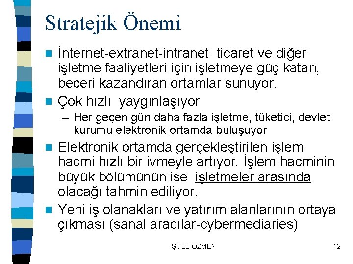 Stratejik Önemi İnternet-extranet-intranet ticaret ve diğer işletme faaliyetleri için işletmeye güç katan, beceri kazandıran