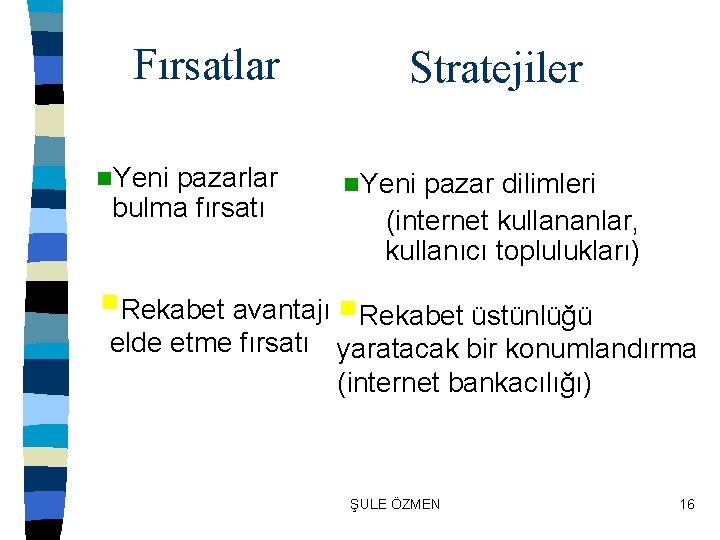 Fırsatlar n. Yeni pazarlar bulma fırsatı Stratejiler n. Yeni pazar dilimleri (internet kullananlar, kullanıcı