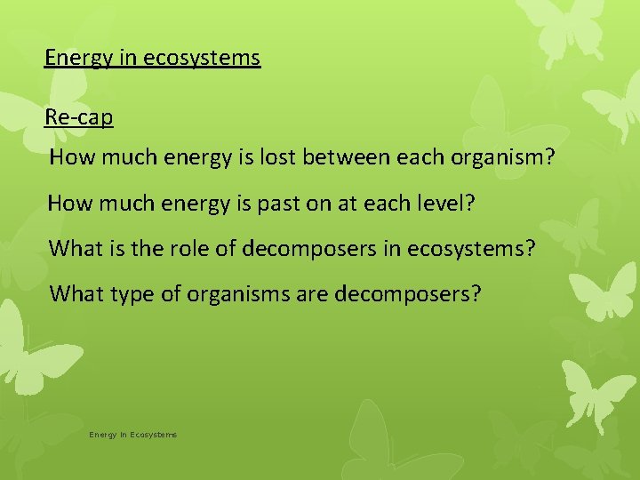 Energy in ecosystems Re-cap How much energy is lost between each organism? How much