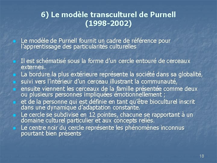 6) Le modèle transculturel de Purnell (1998 -2002) n n n n Le modèle