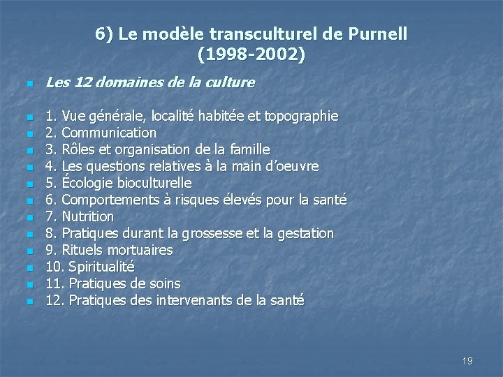 6) Le modèle transculturel de Purnell (1998 -2002) n n n n Les 12