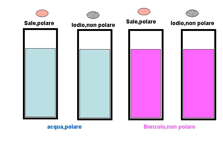 Sale, polare Iodio, non polare acqua, polare Sale, polare Iodio, non polare Benzolo, non