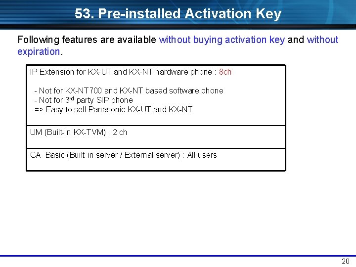 53. Pre-installed Activation Key Following features are available without buying activation key and without
