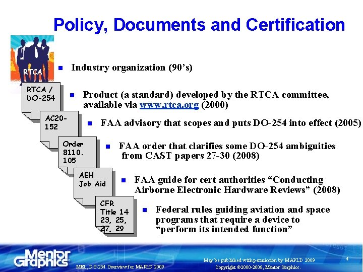 Policy, Documents and Certification Industry organization (90’s) n RTCA / DO-254 n Product (a