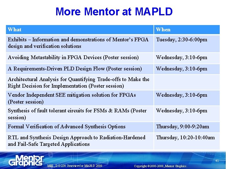 More Mentor at MAPLD What When Exhibits – Information and demonstrations of Mentor’s FPGA
