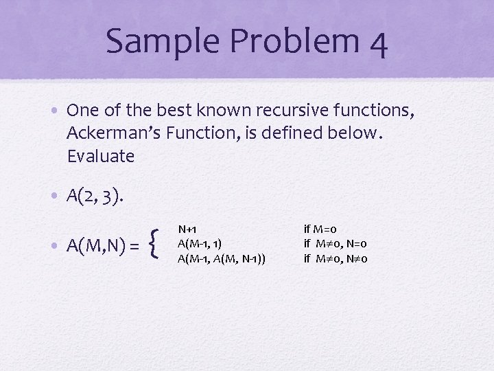 Sample Problem 4 • One of the best known recursive functions, Ackerman’s Function, is