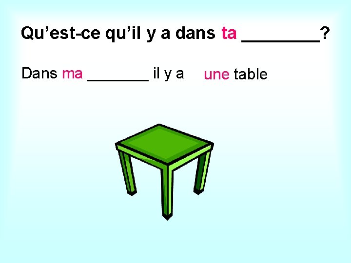 Qu’est-ce qu’il y a dans ta ____? Dans ma _______ il y a une