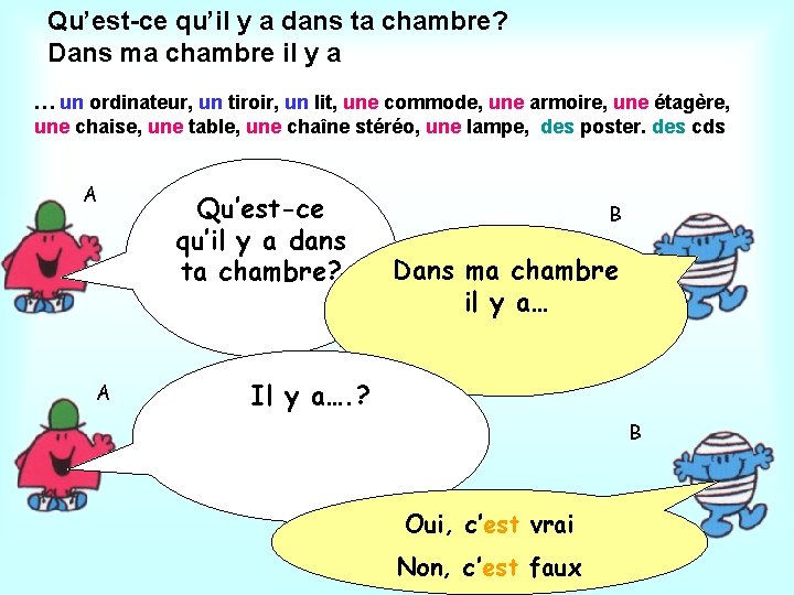 Qu’est-ce qu’il y a dans ta chambre? Dans ma chambre il y a …