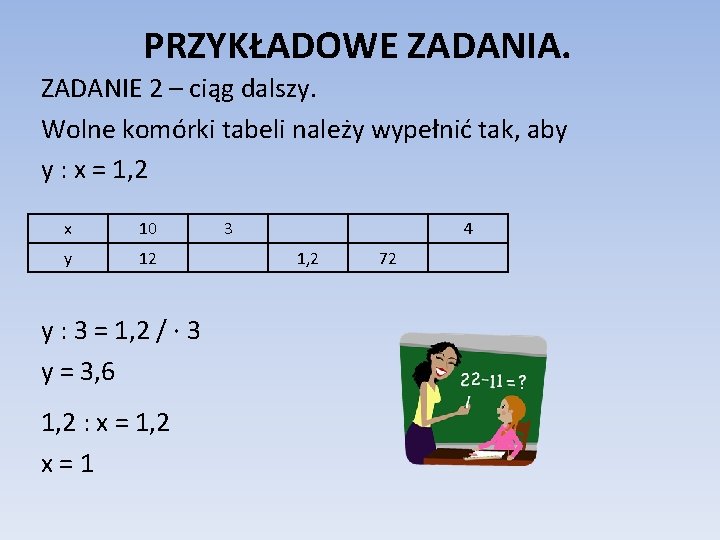 PRZYKŁADOWE ZADANIA. ZADANIE 2 – ciąg dalszy. Wolne komórki tabeli należy wypełnić tak, aby