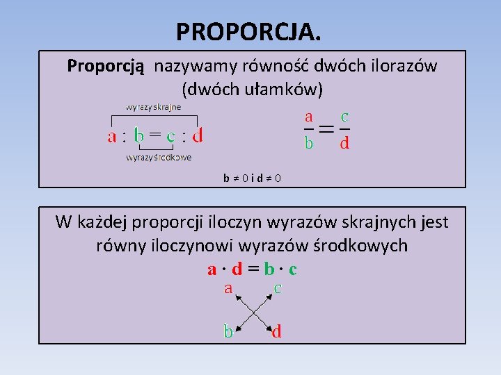 PROPORCJA. Proporcją nazywamy równość dwóch ilorazów (dwóch ułamków) b≠ 0 id≠ 0 W każdej